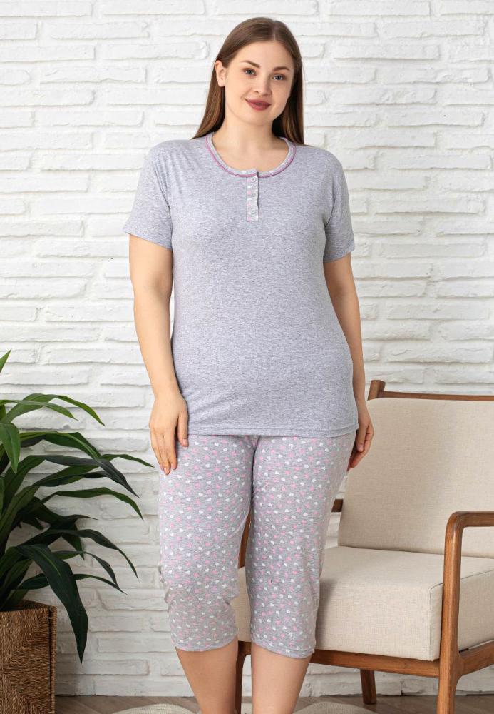 Pijama damă BIG SIZE, gri, confortabilă, mânecă scurtă + pantalon 3/4, Engros